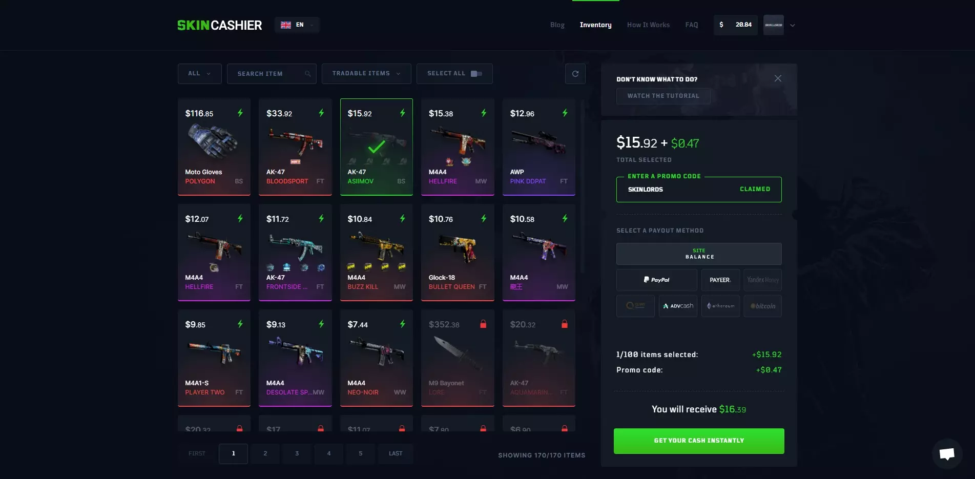 SkinCashier Item Selling Page