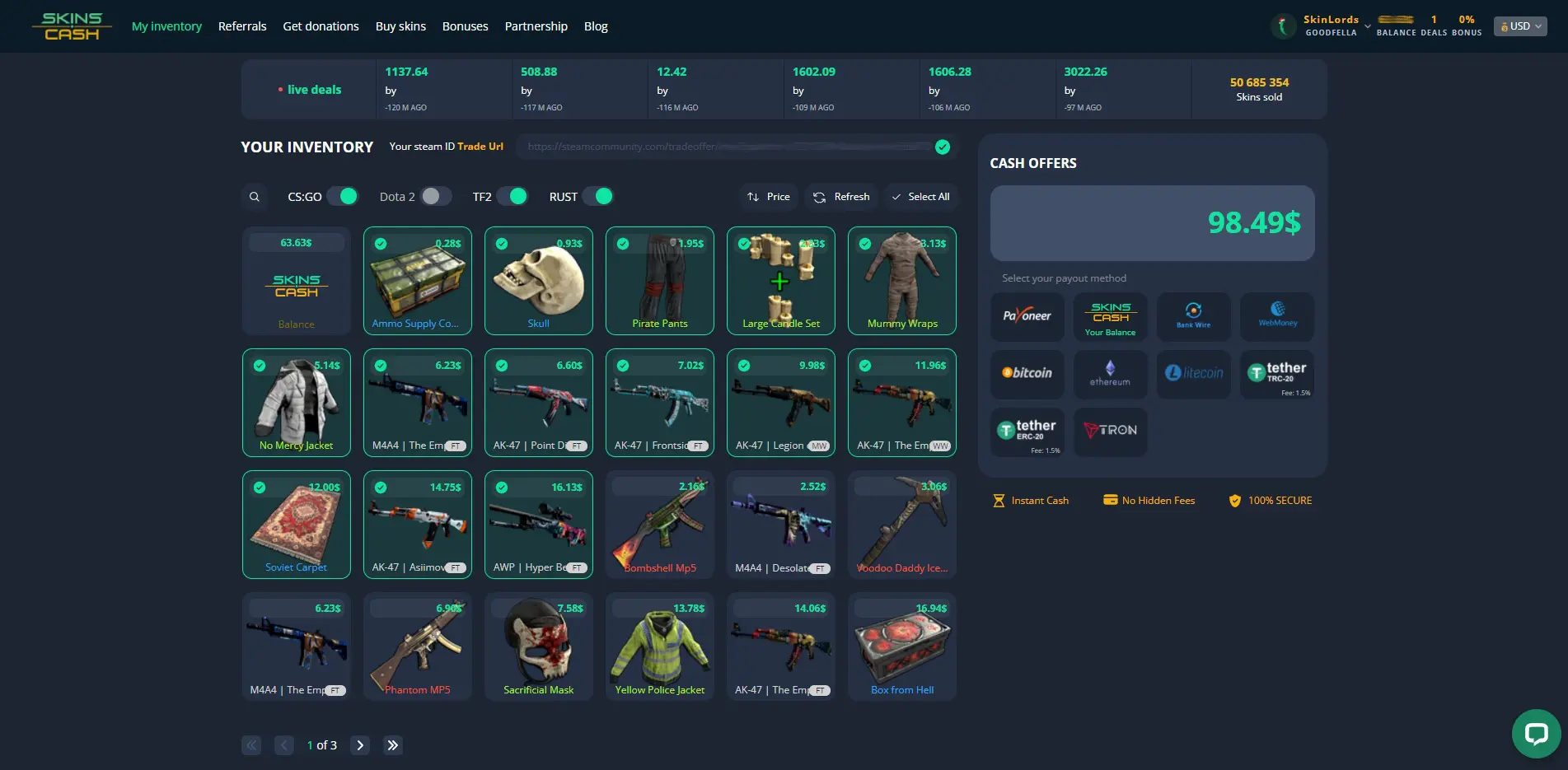 SkinsCash CSGO & Rust Skin Selling Panel