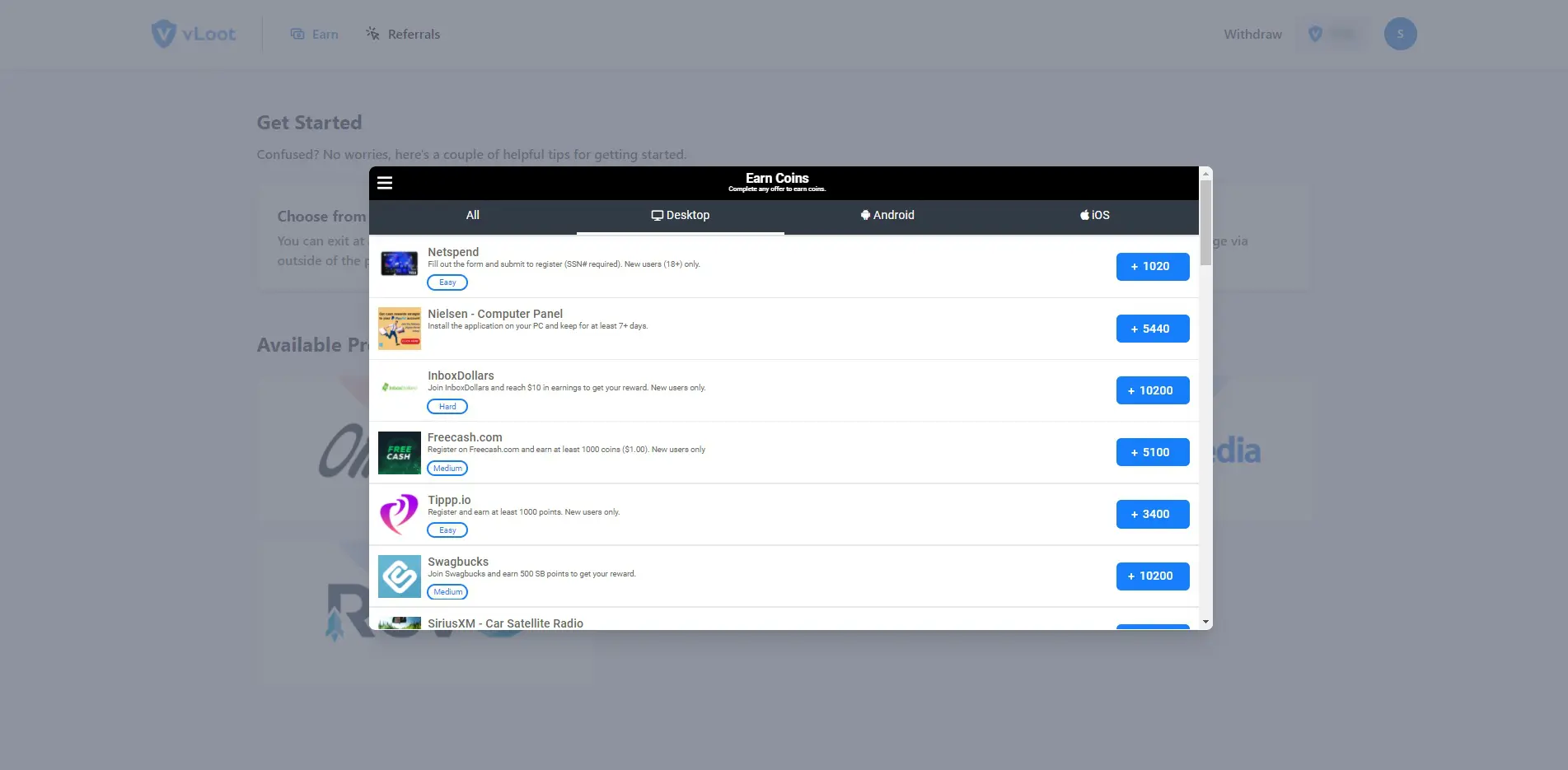 vLoot Earn Offerwall Provider Desktop