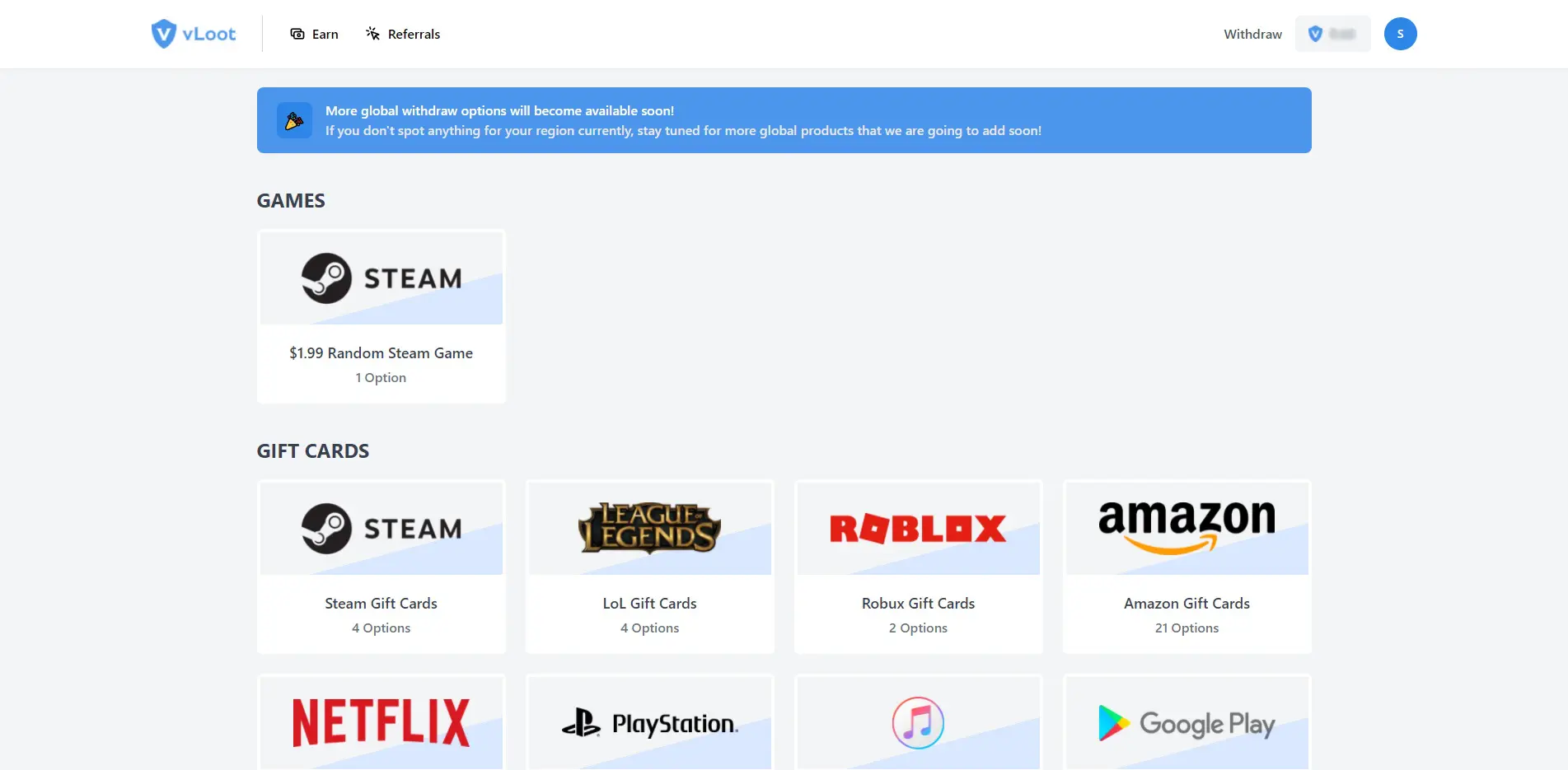 vLoot Earn Withdraw Shop