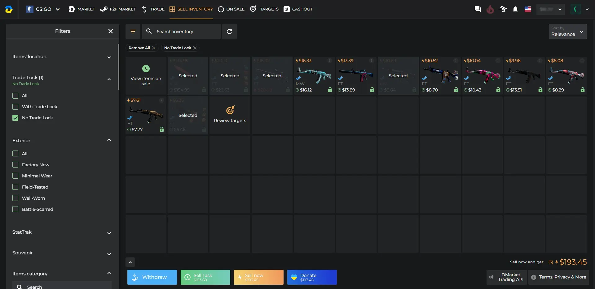 DMarket CSGO Skin Listing or Instant Sell
