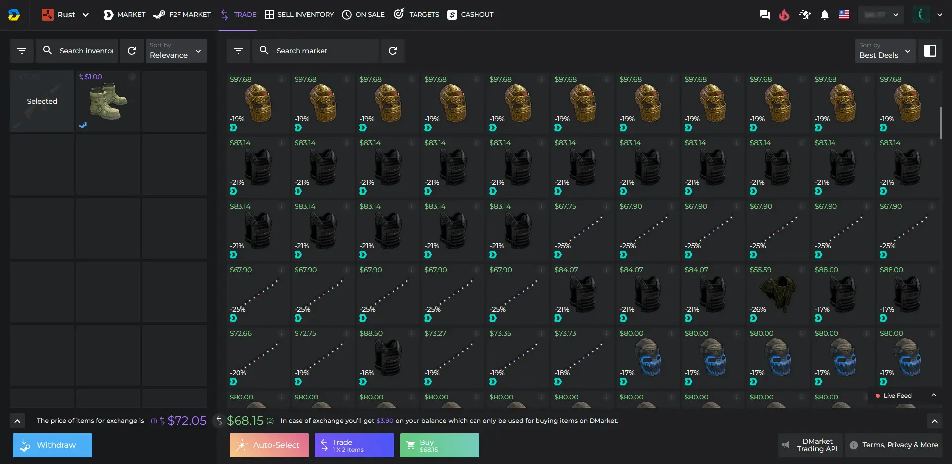 DMarket Rust Skin Trading Page