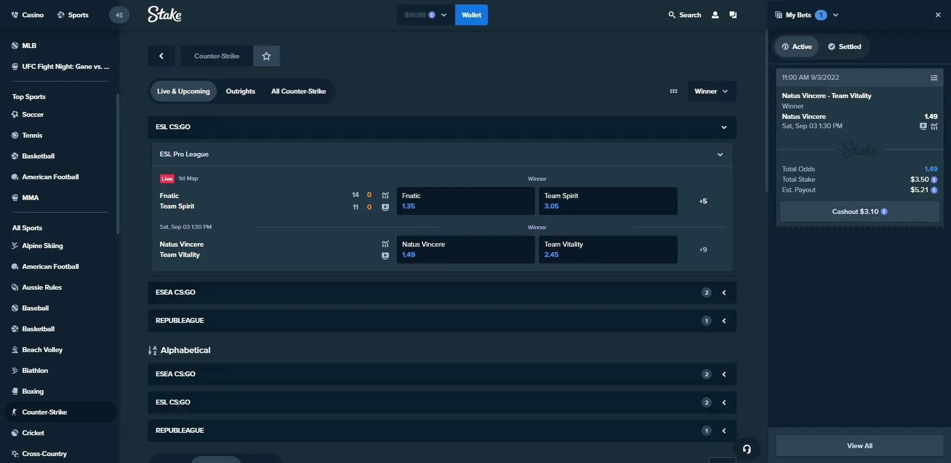 Stake.com CS:GO Esports Betting