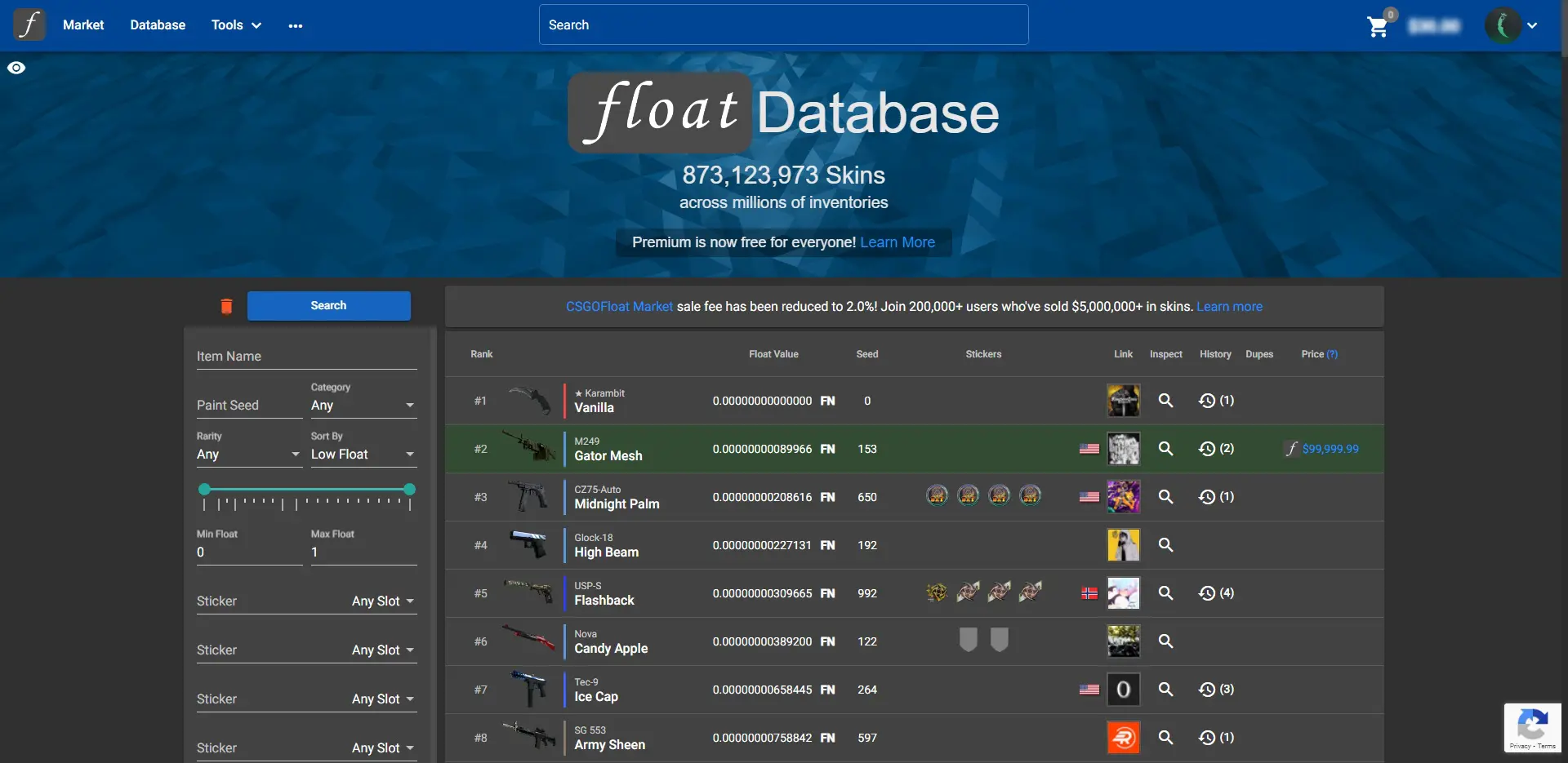 CSGOFloat Database Landing Page