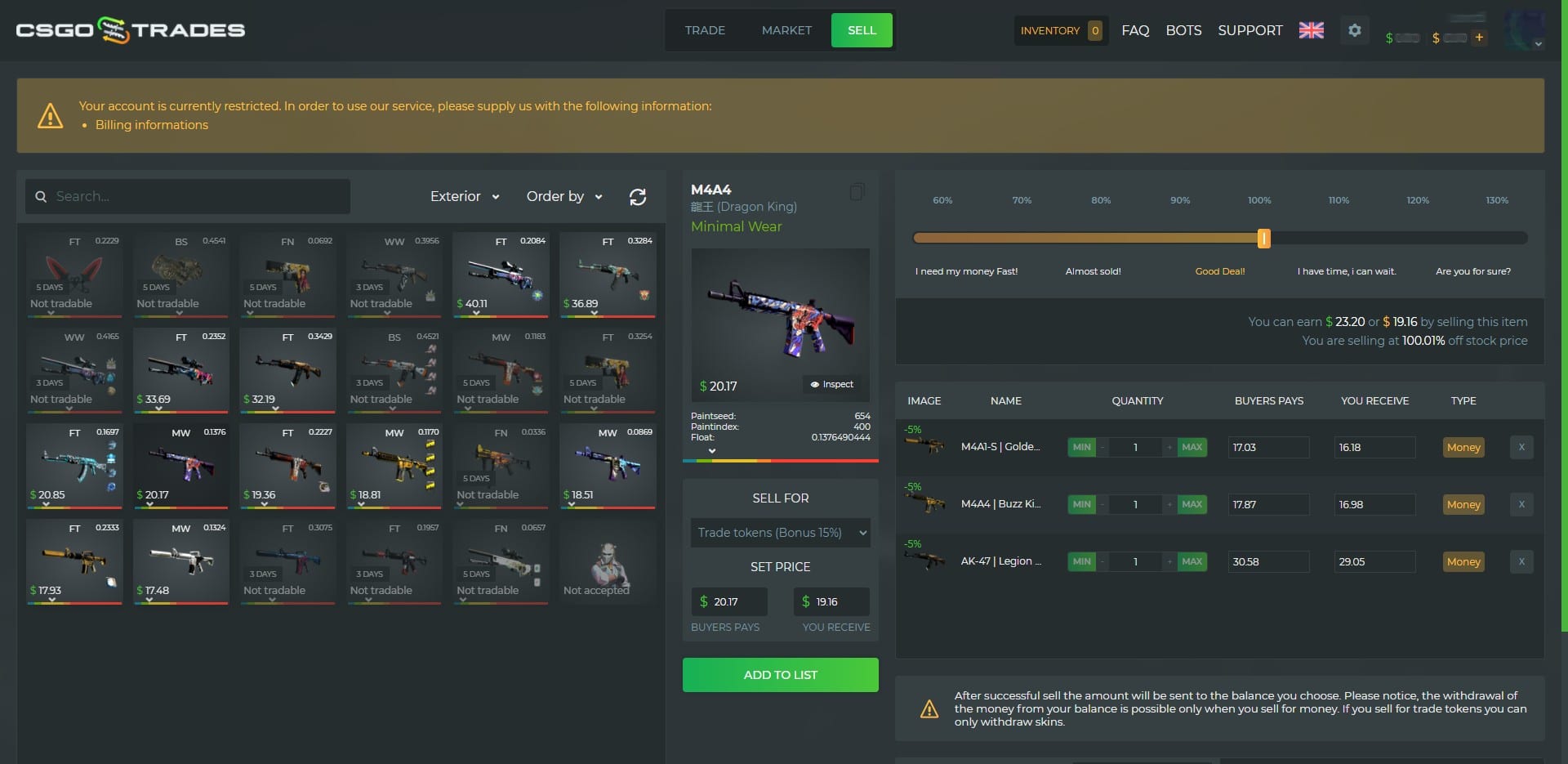 CSGOTrades Item Sell Page