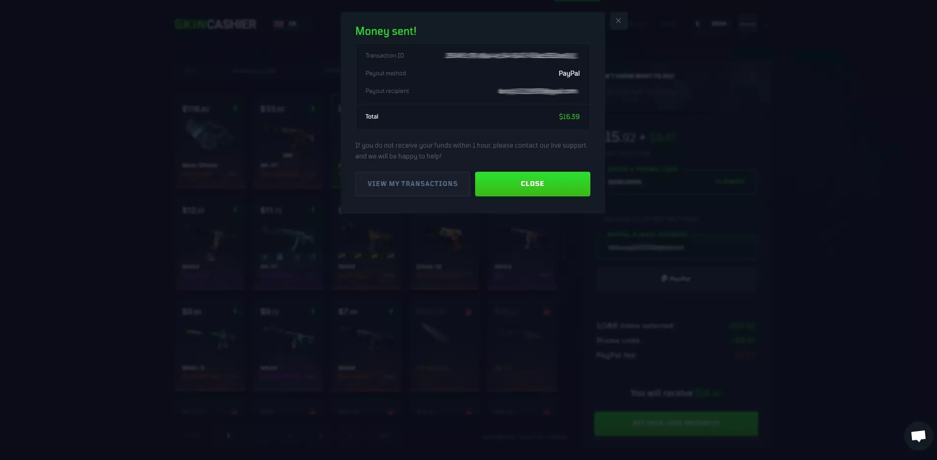 SkinCashier Completed Trade Withdraw