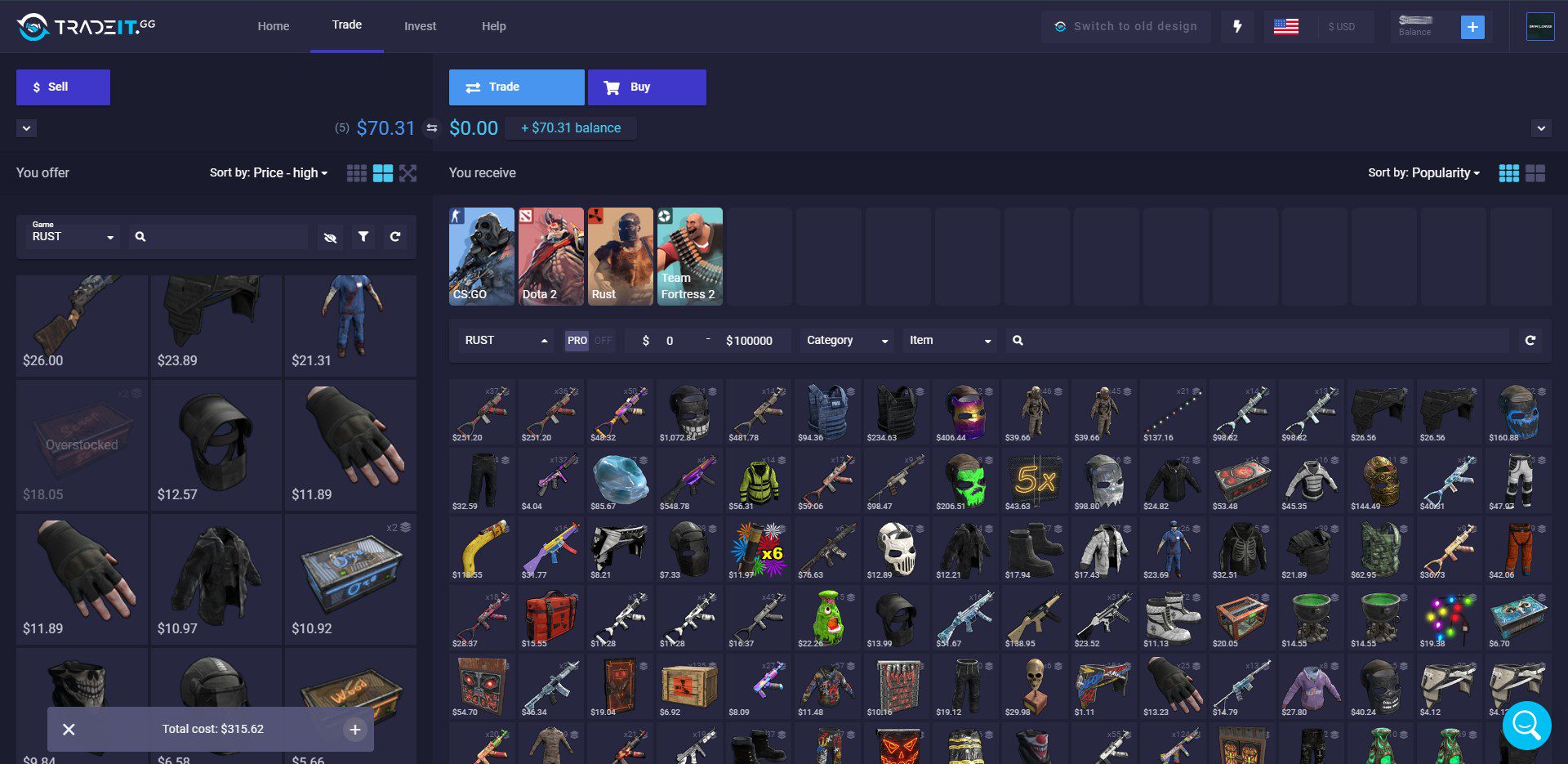 TradeIt Rust Large Inventory View