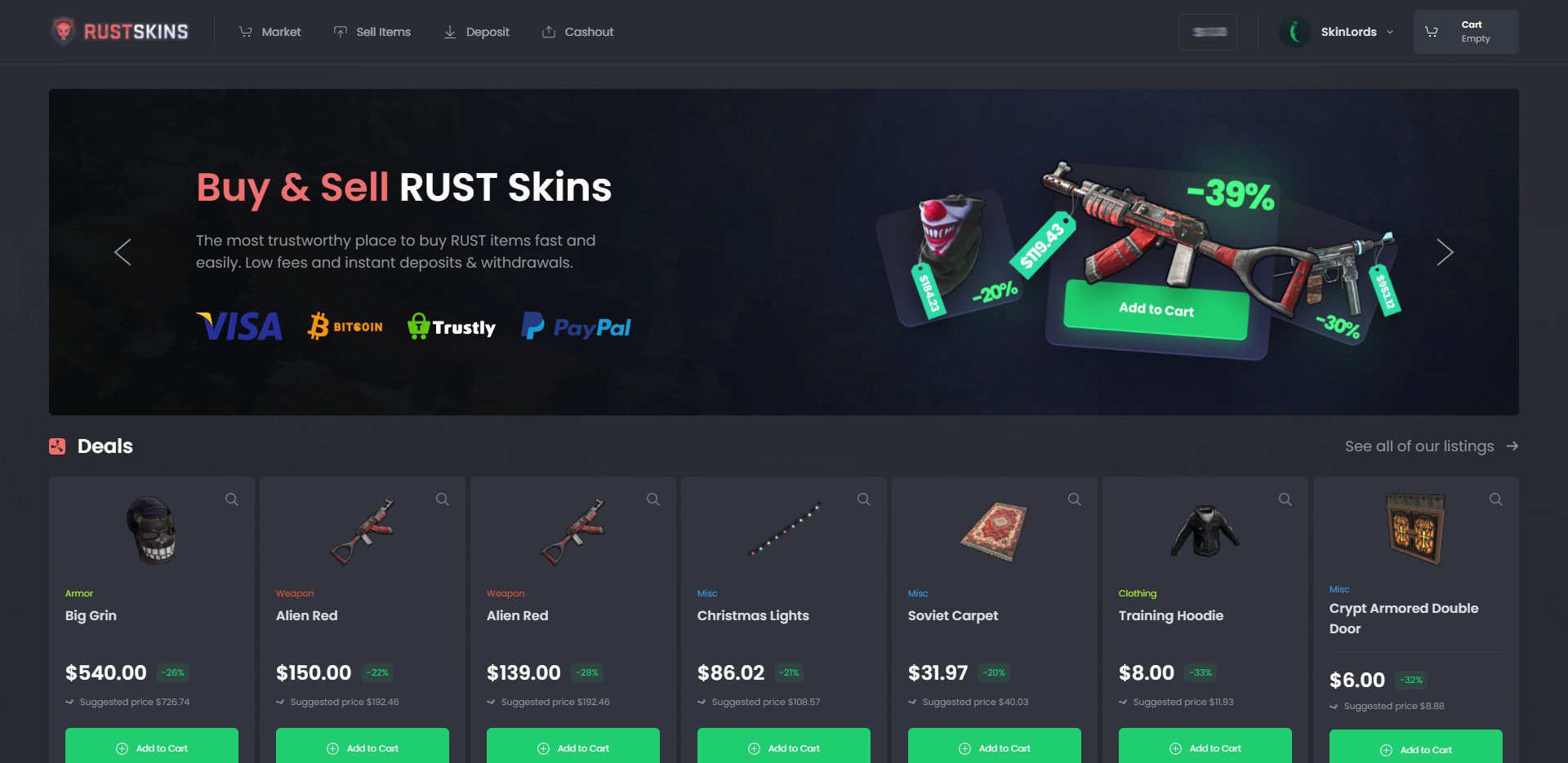 RustSkins.com Marketplace Banner and Top Items
