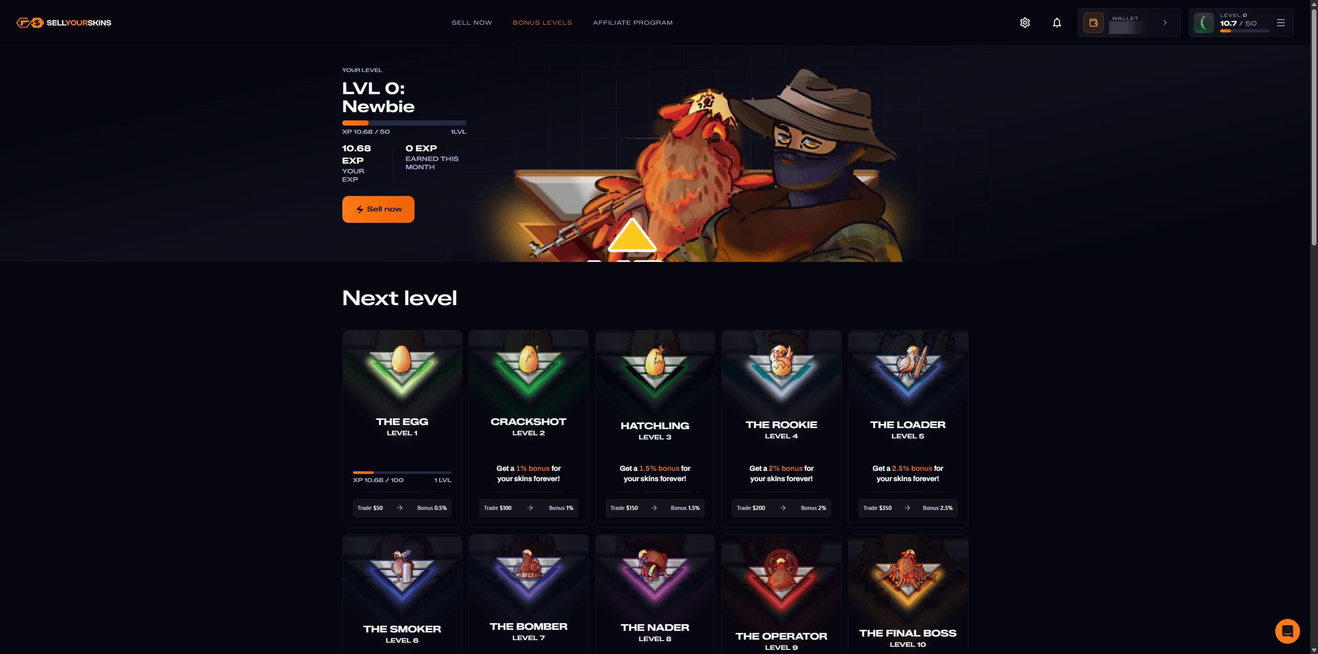 SellYourSkins bonus levels page