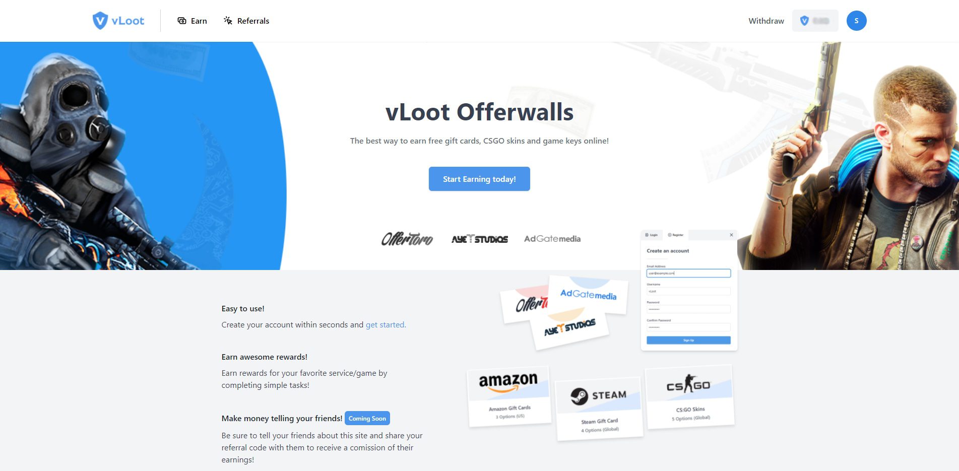 vLoot Earn Landing Page