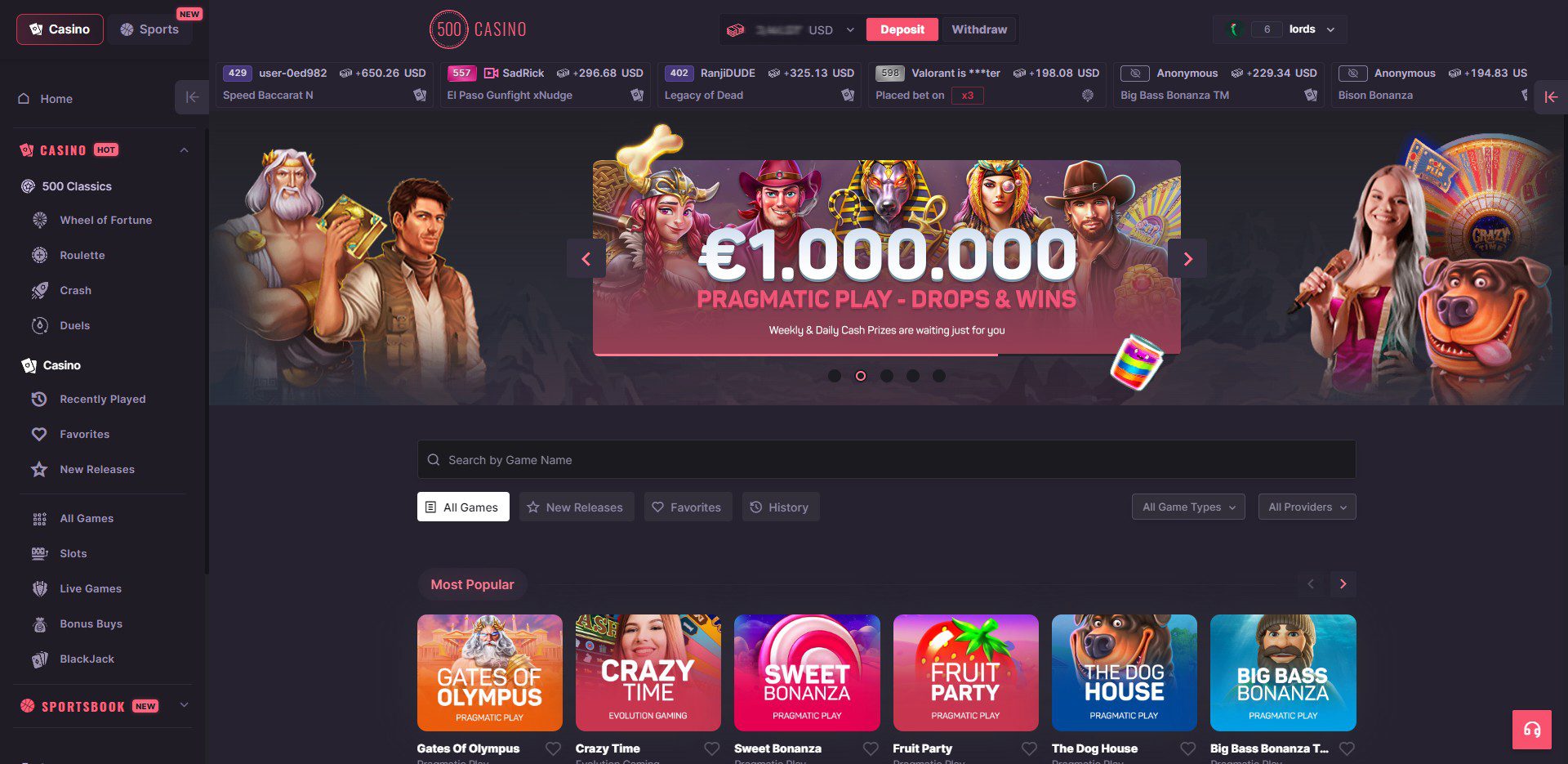 500 Casino Przegląd gier w kasynie na żywo