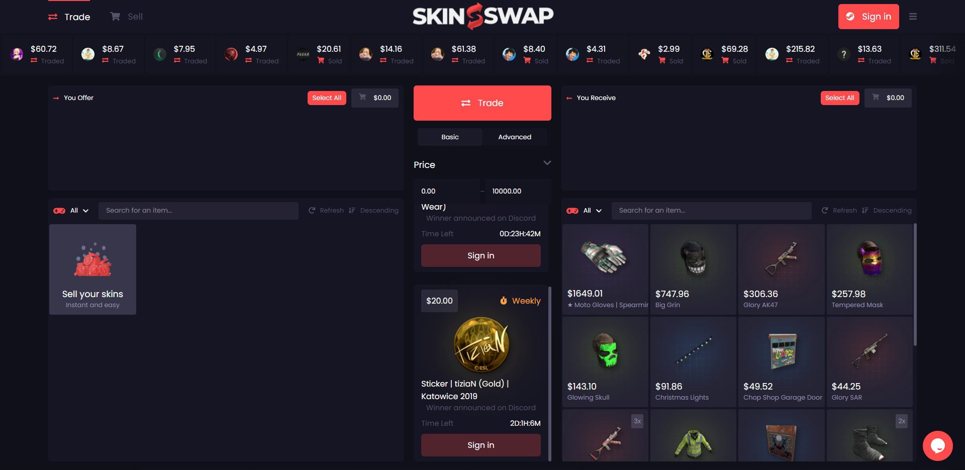 SkinSwap Página de negociação