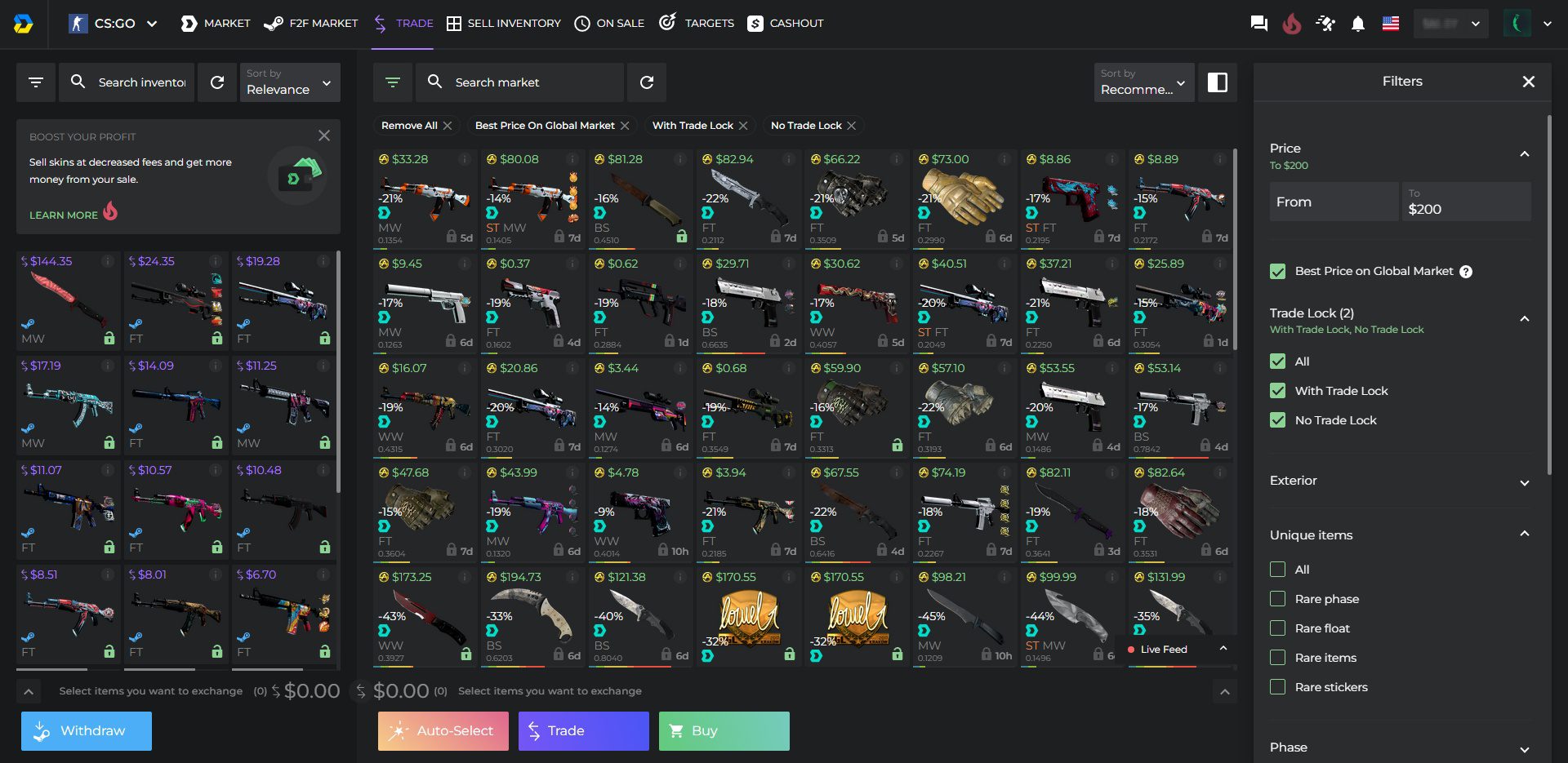 DMarket CSGO Página de comercio de pieles