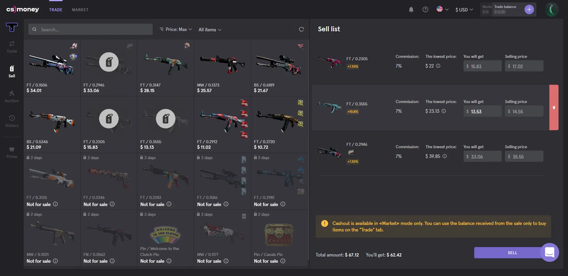 CSMoney Trading Page Selling Items