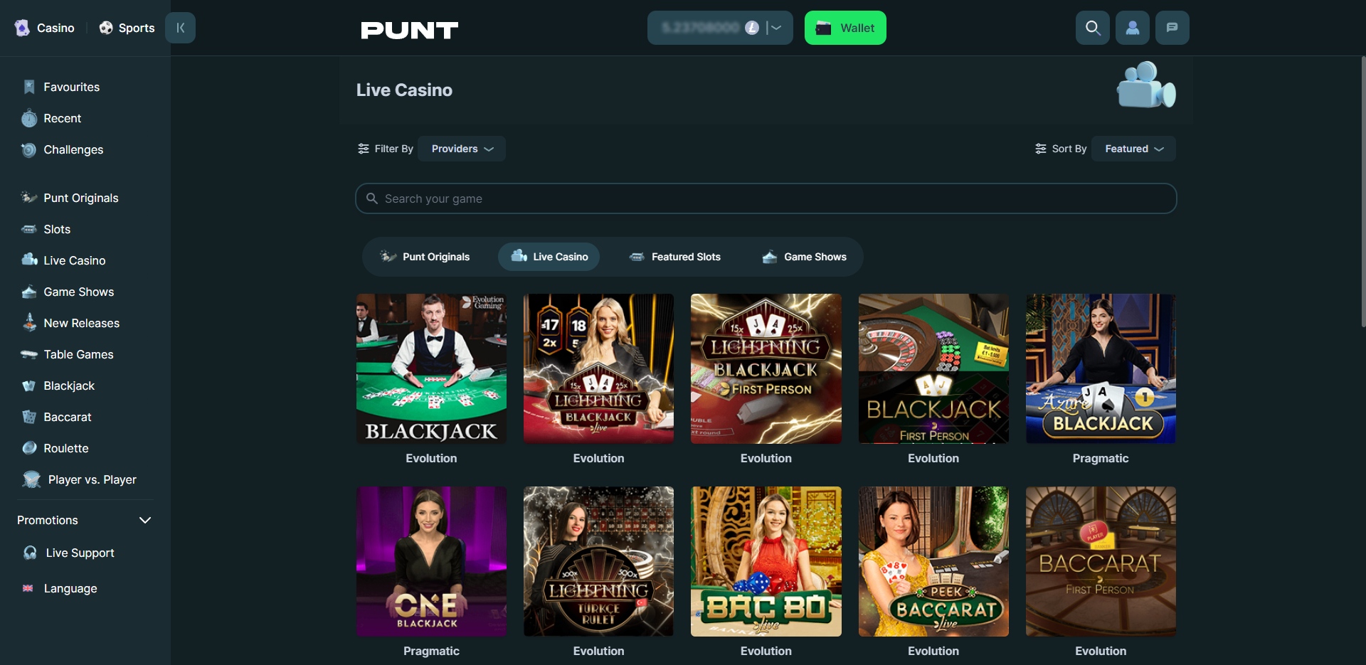 Punt.com Live Casino Overview