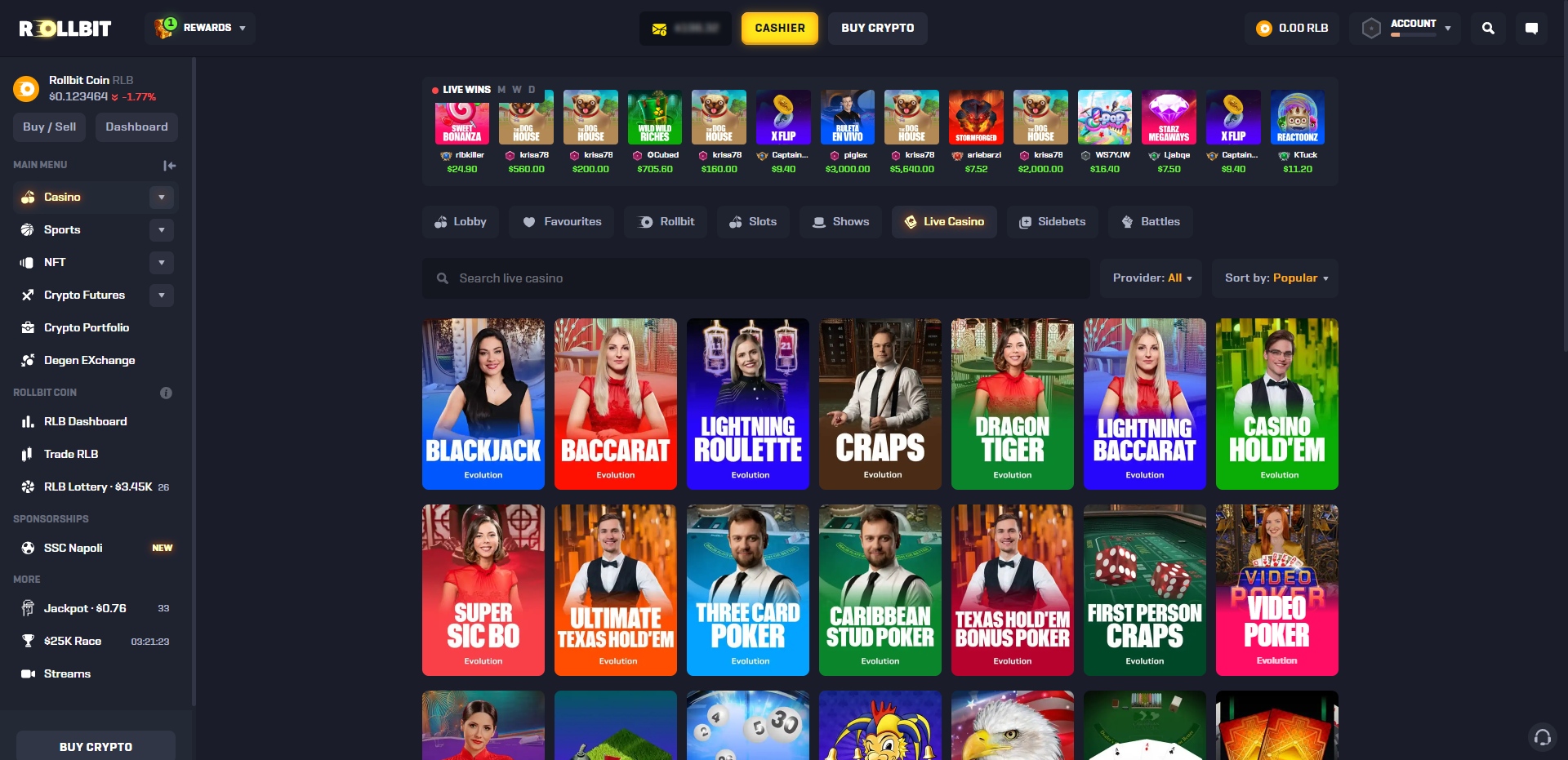 Rollbit Live Casino Spiel-Browser