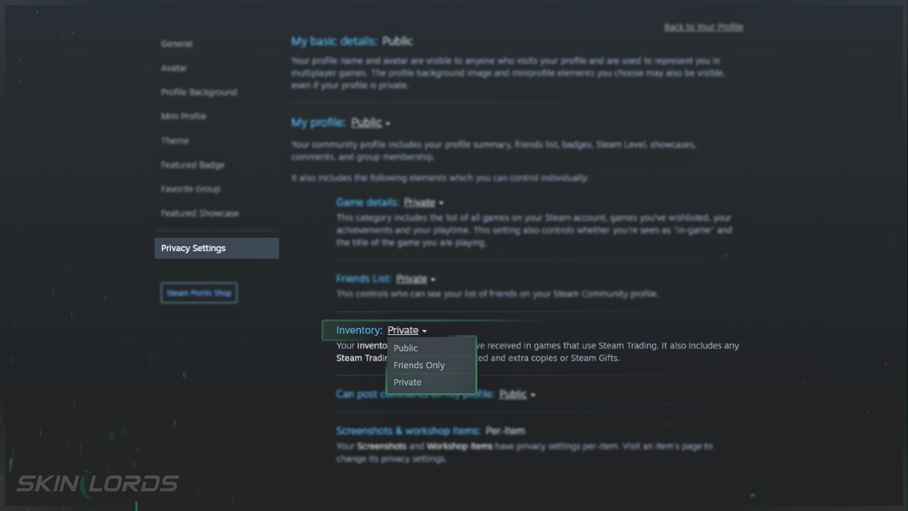 Steam Configuración de la privacidad del inventario