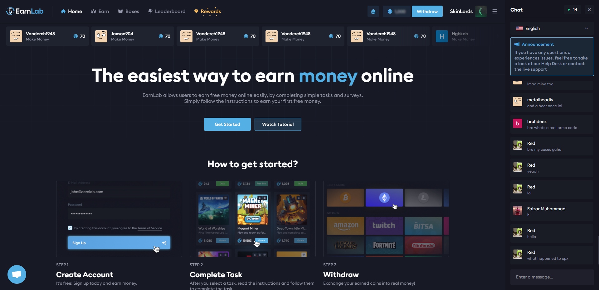 EarnLab Startseite Landing Page
