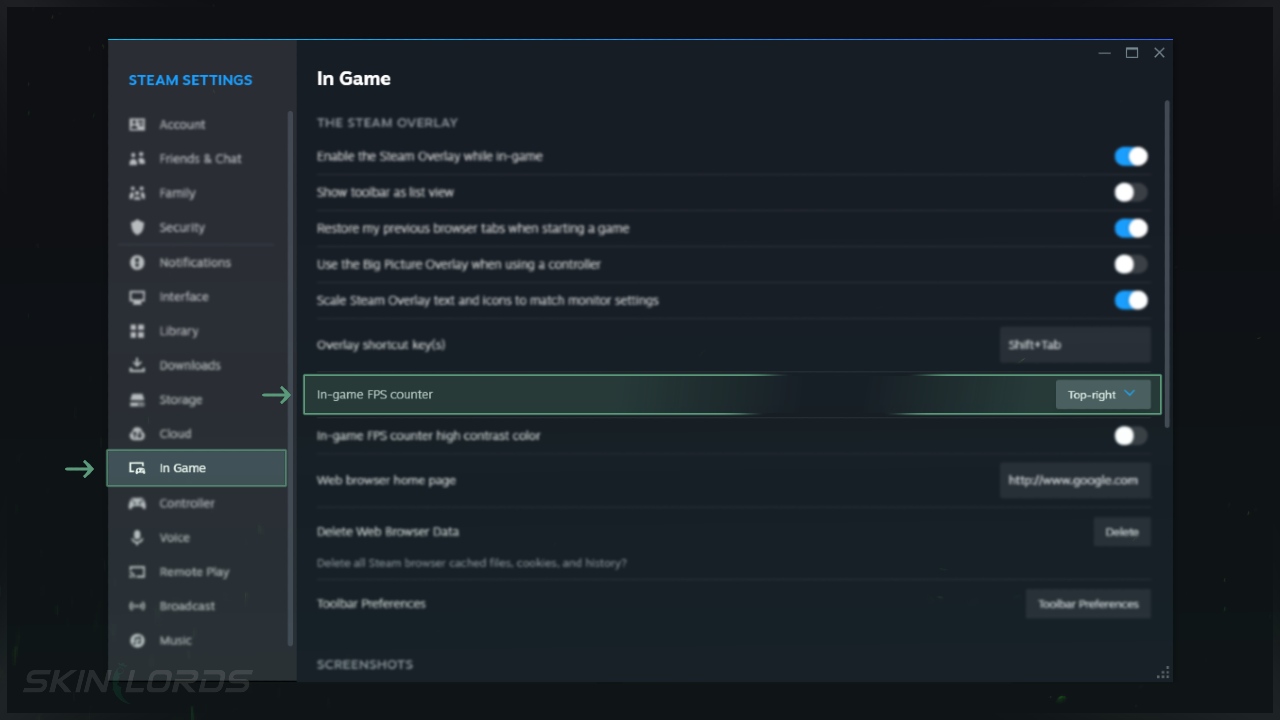 Steam In-Game Settings Turn On FPS Counter