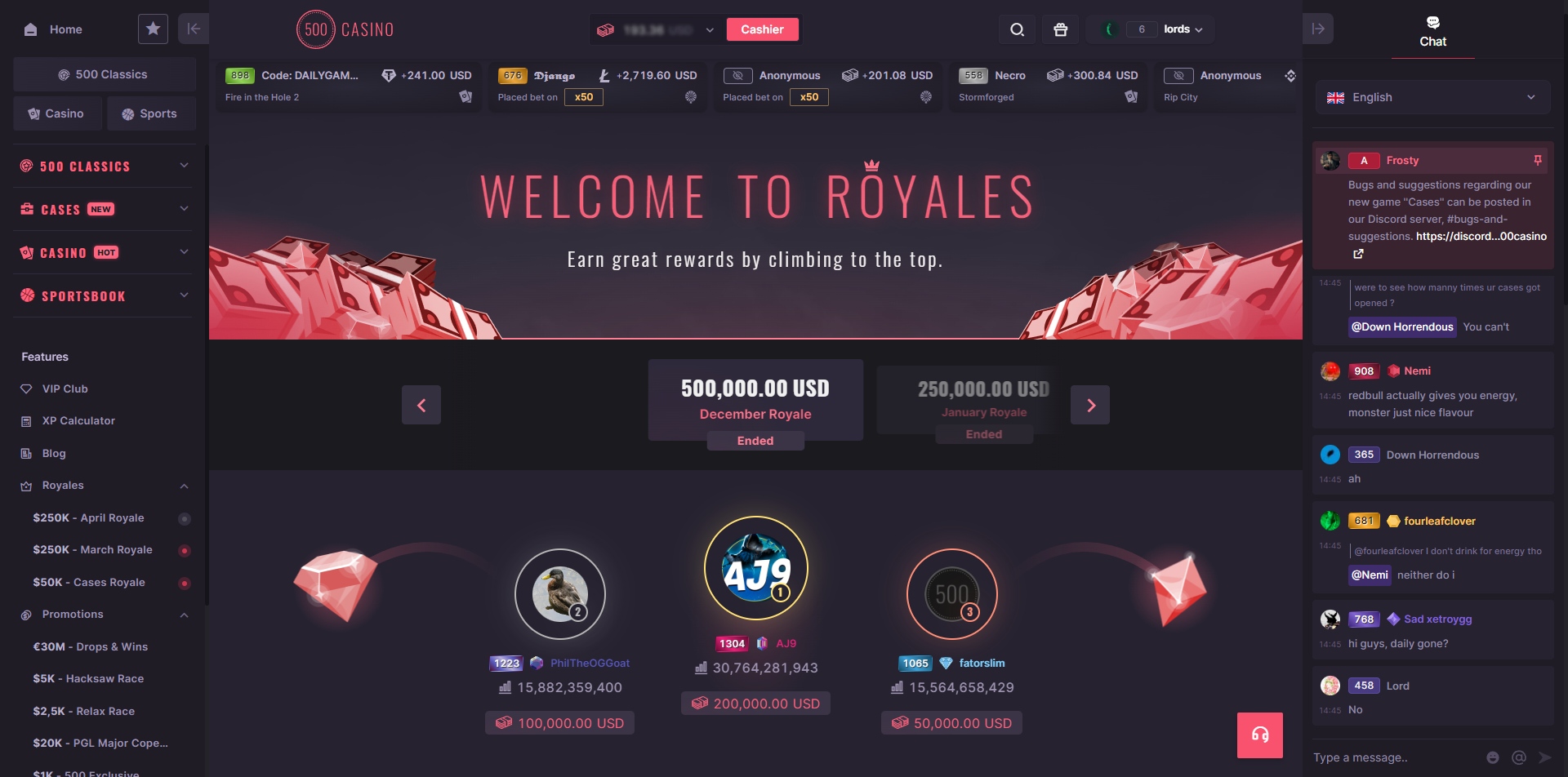 500.Casino Monthly Royales