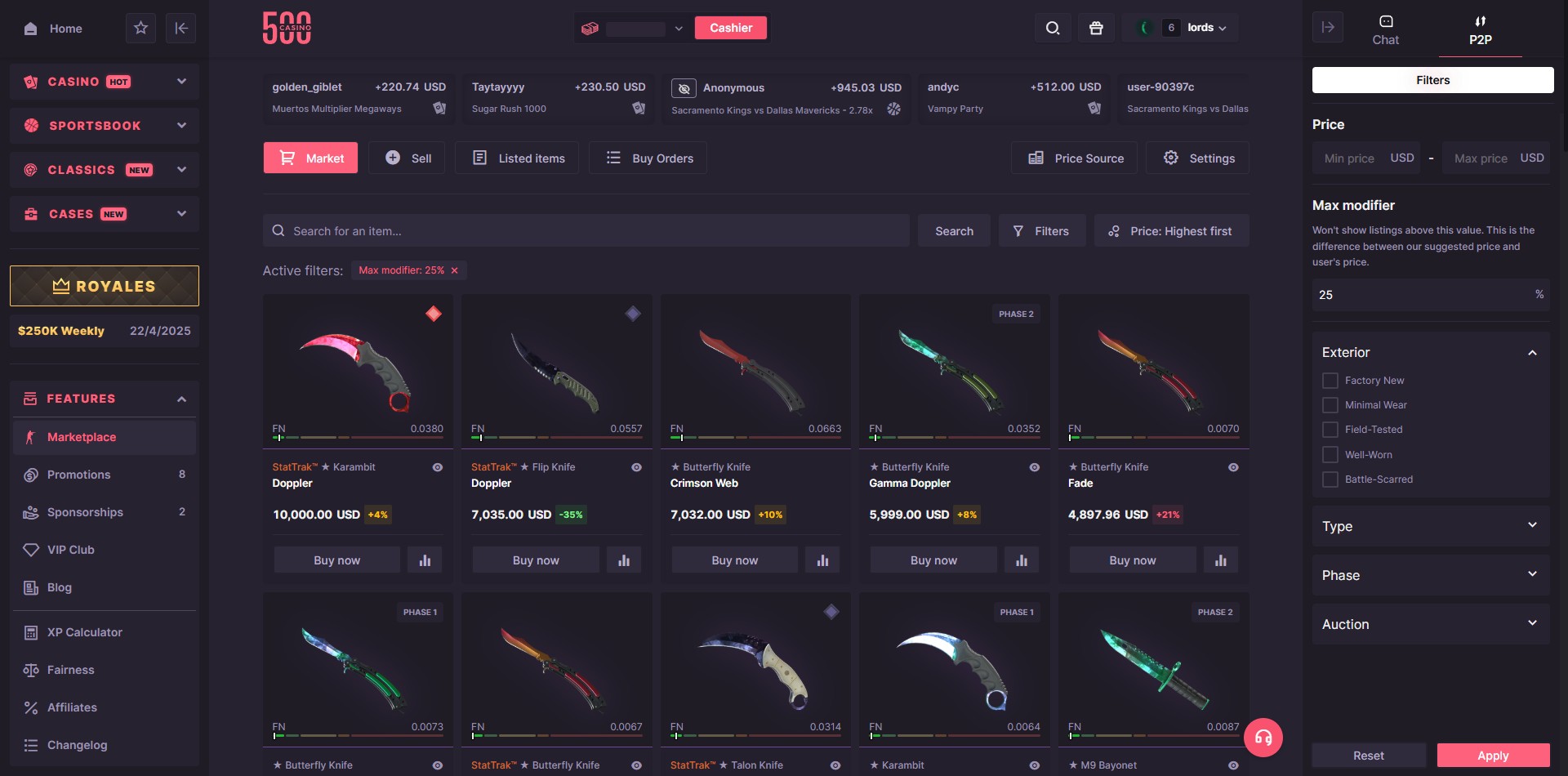 500 Casino CSGO Skin Marketplace
