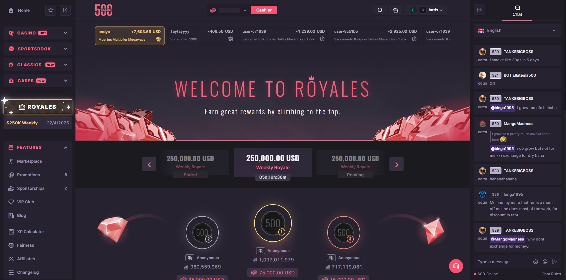 500 Casino Royales Leaderboard