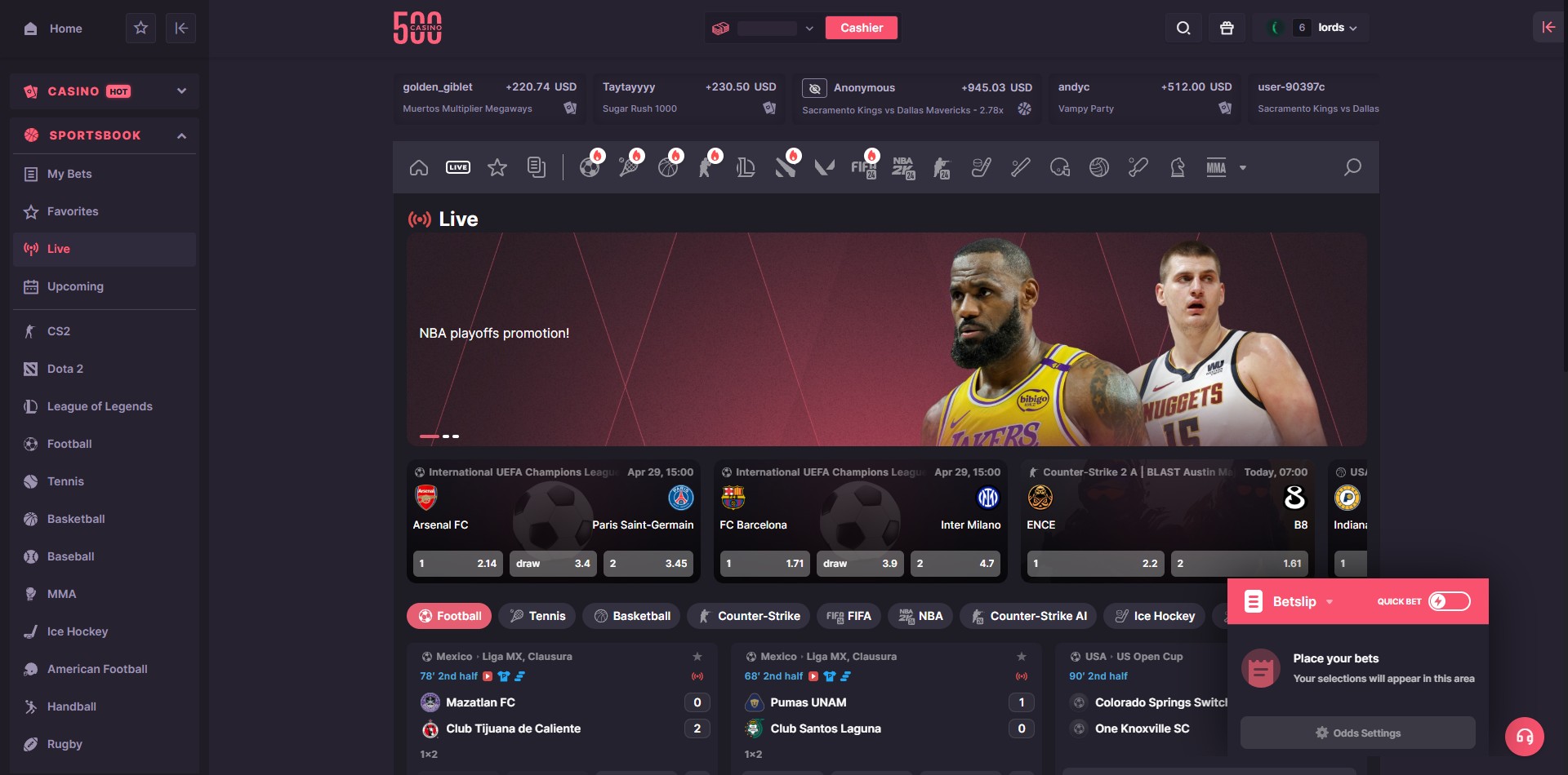 500 Casino Sportsbook Home