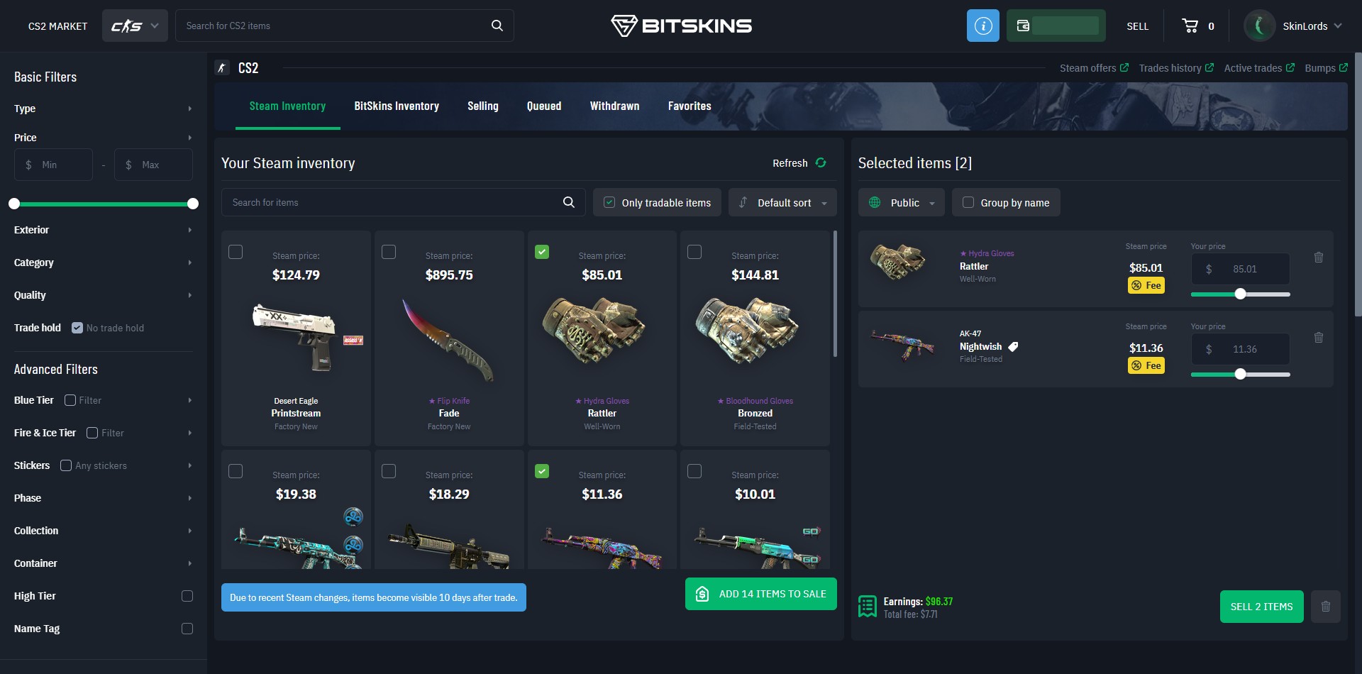Bitskins Item Selling Page