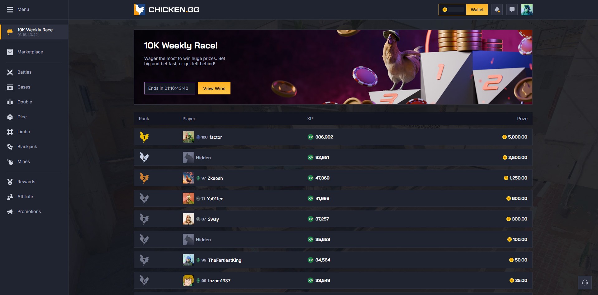 Chicken.GG 10,000 Coin Race Leaderboards