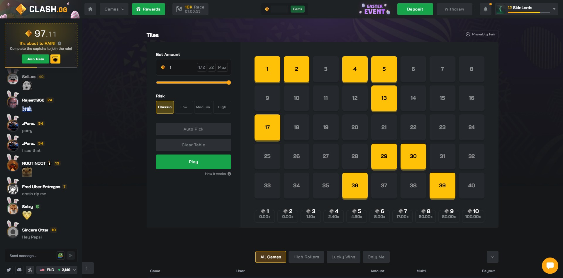 Clash.GG Keno Tiles Game
