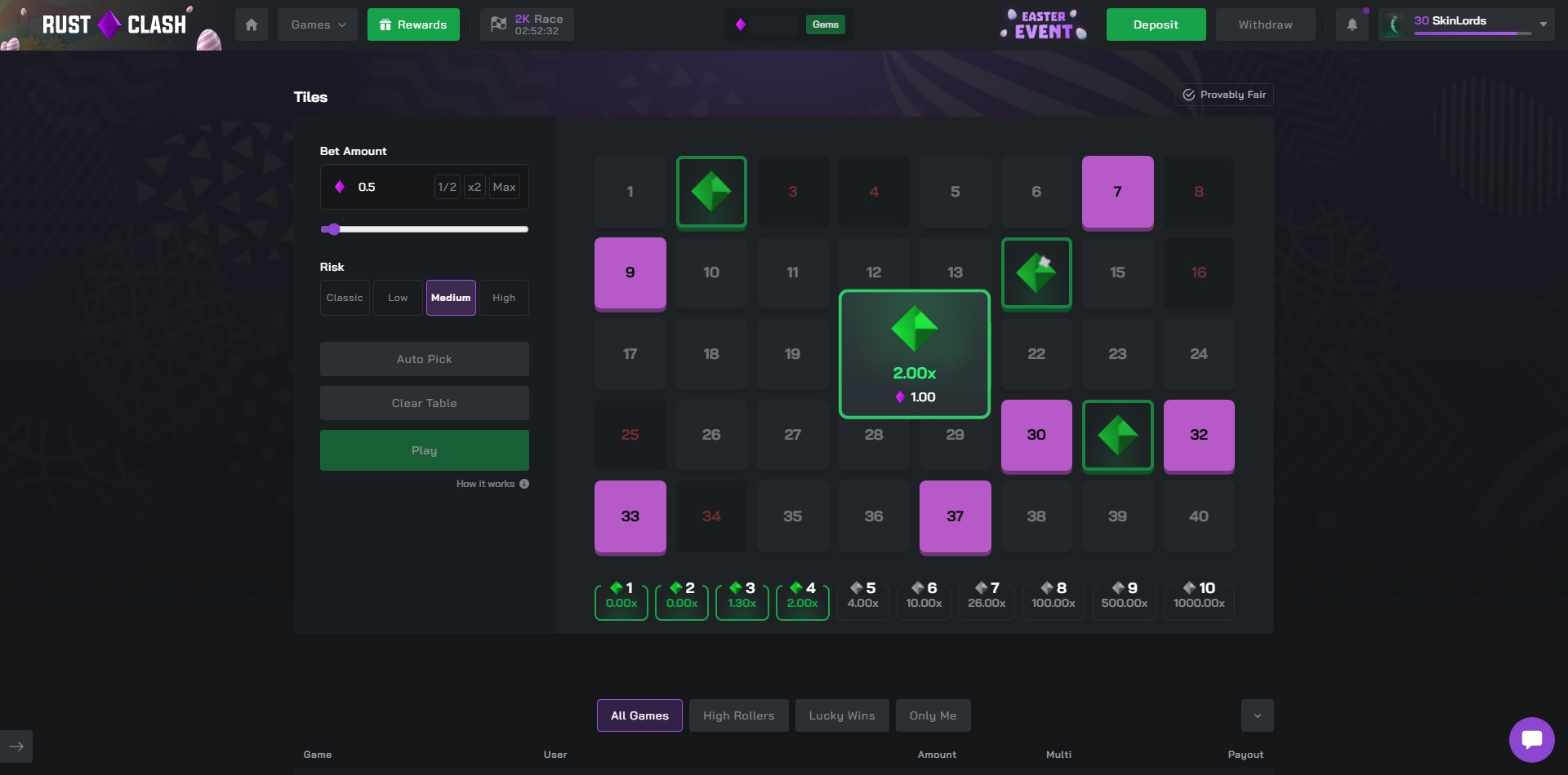 RustClash Tiles Keno Game
