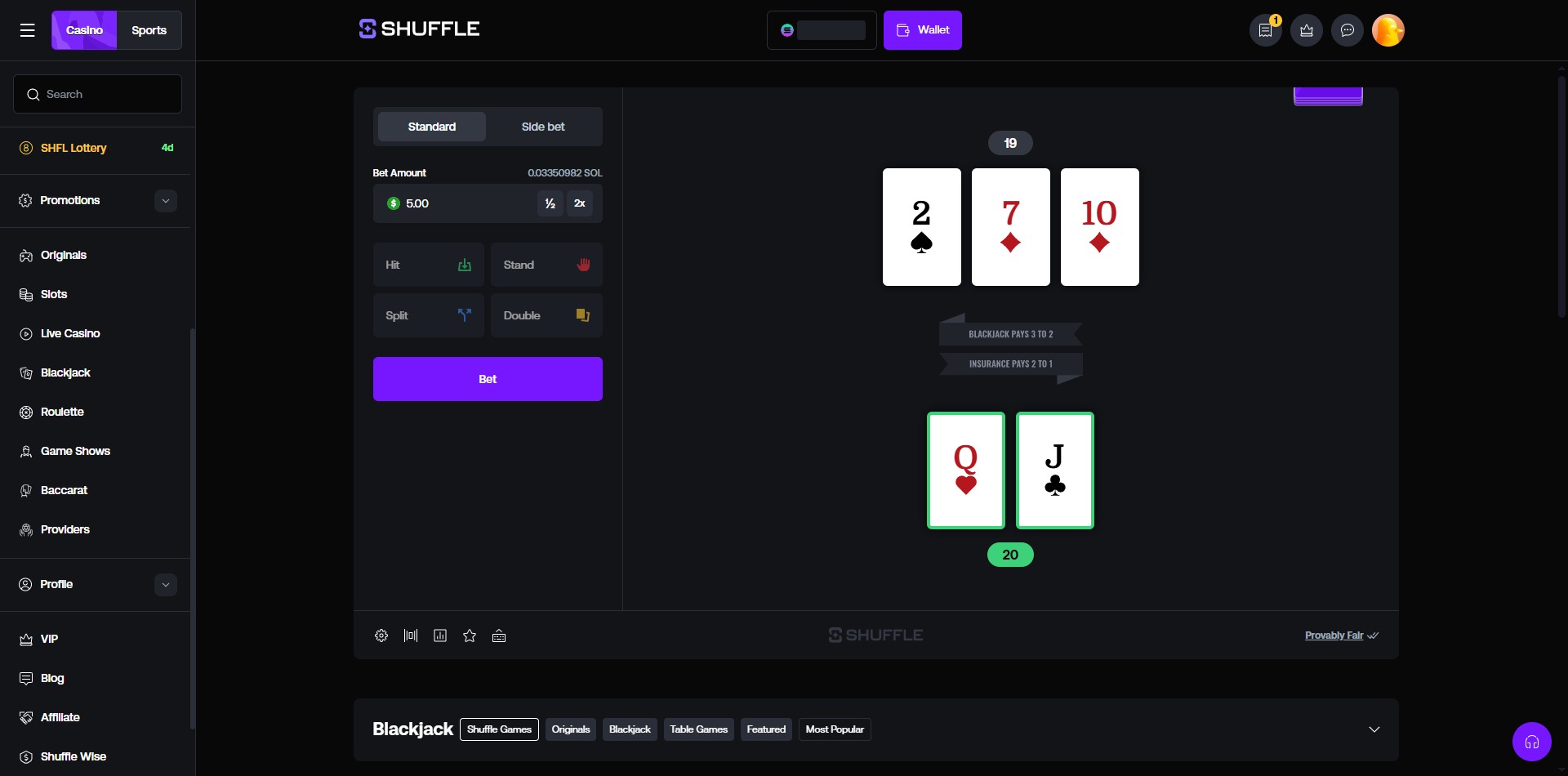 Shuffle.com Original Blackjack