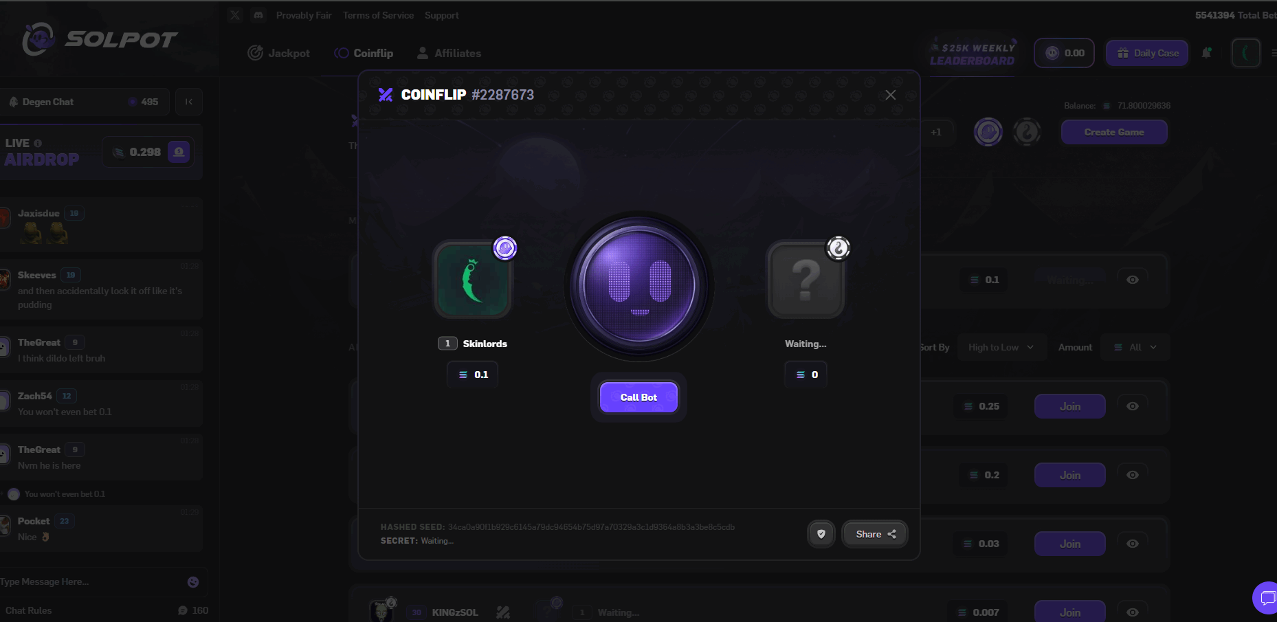 Solpot coinflip game