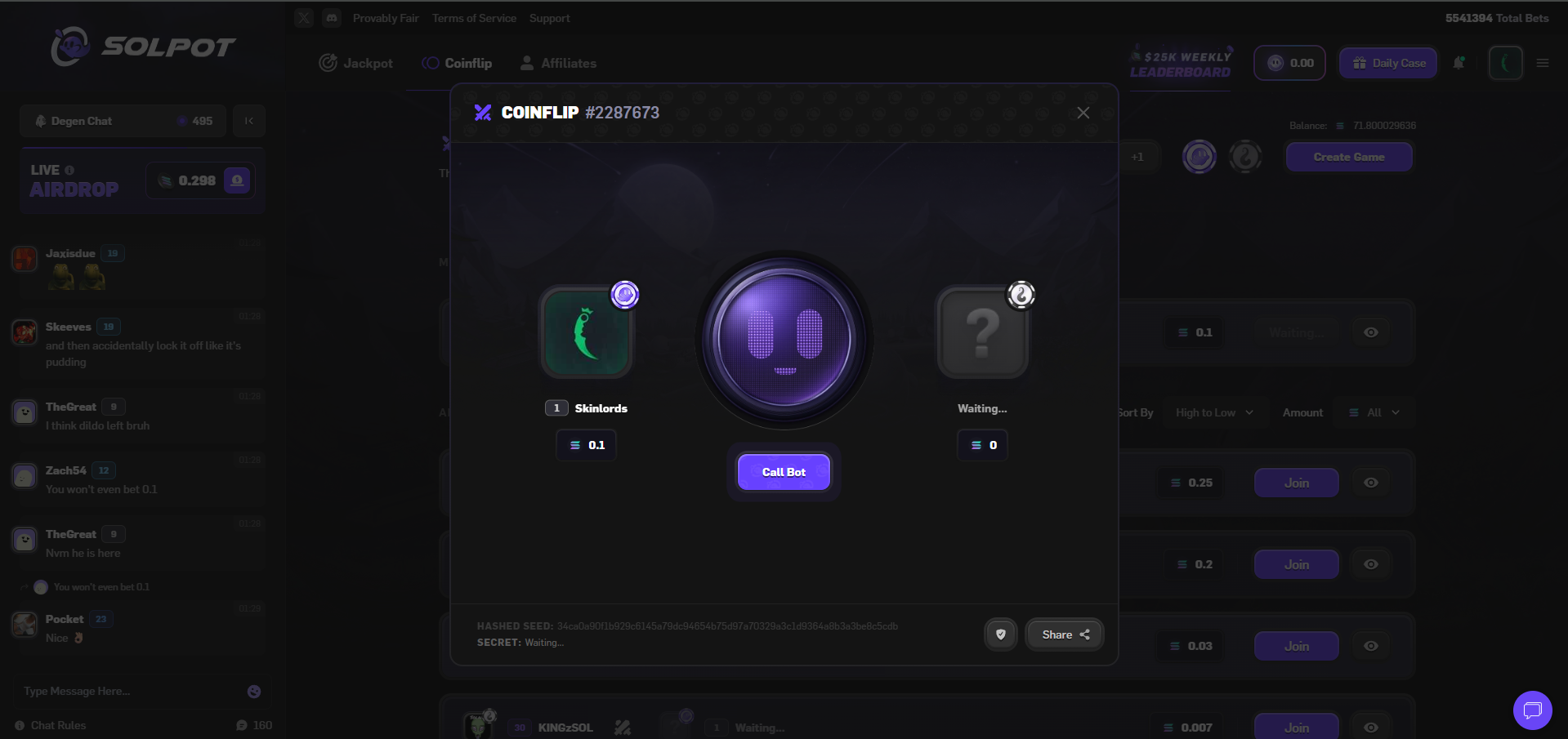 Solpot coinflip game