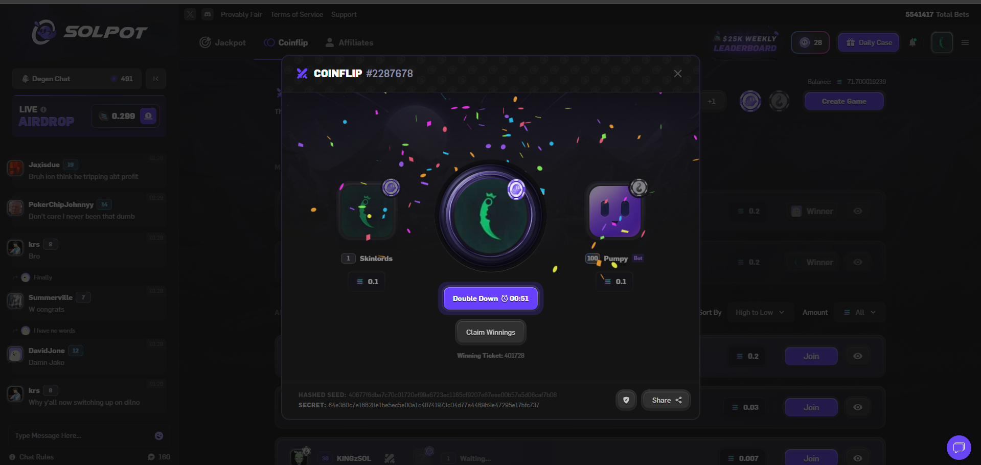 Solpot Coinflip win