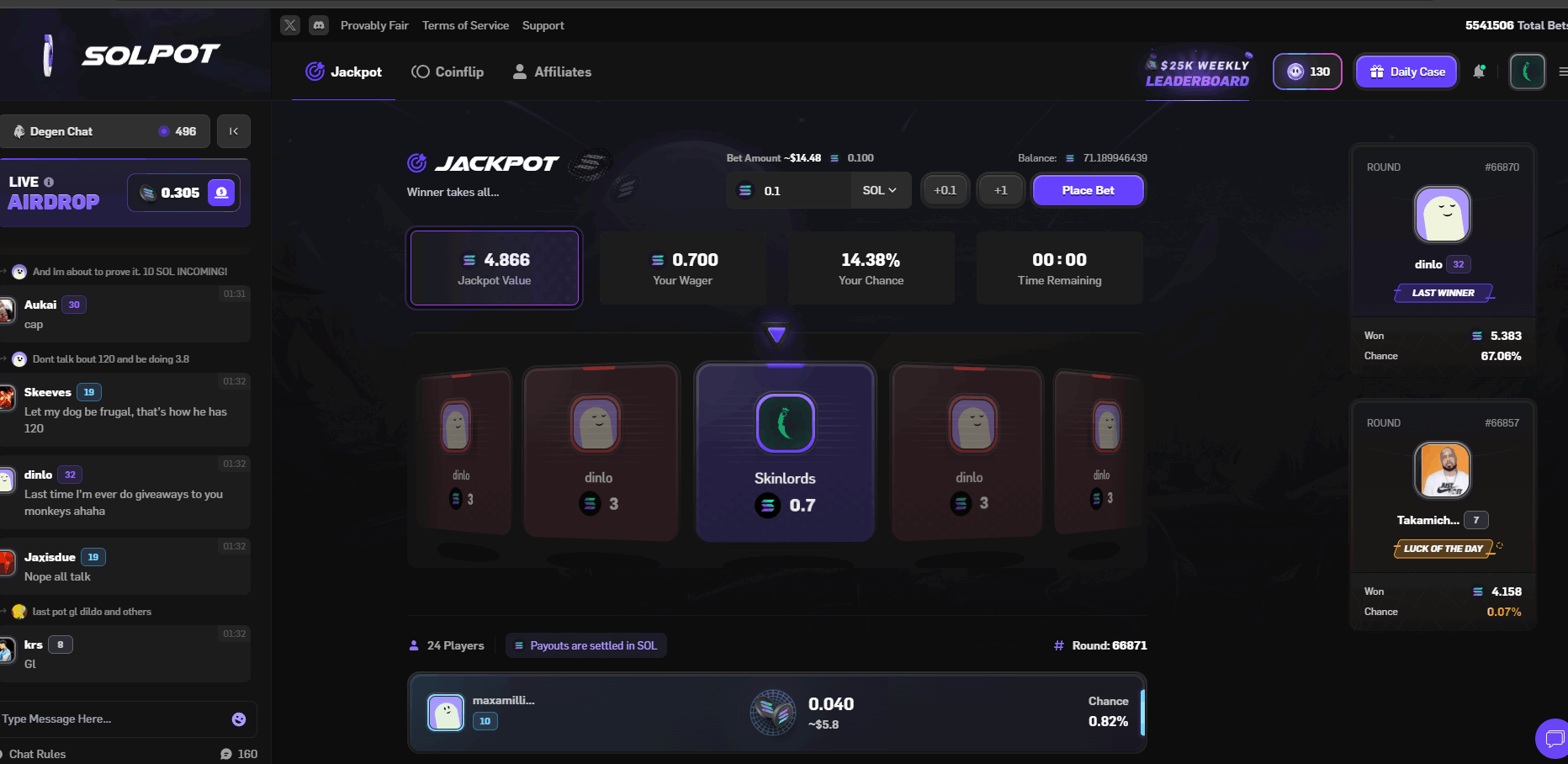 Solpot roulette win