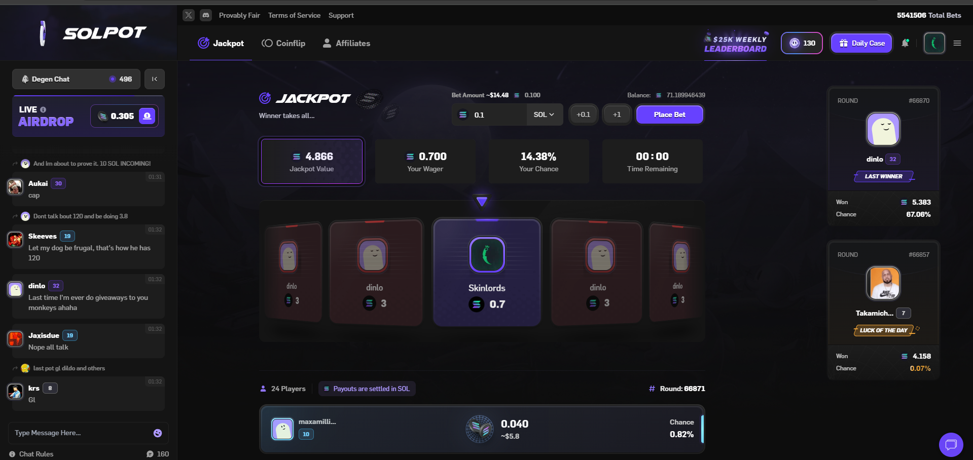 Solpot roulette win