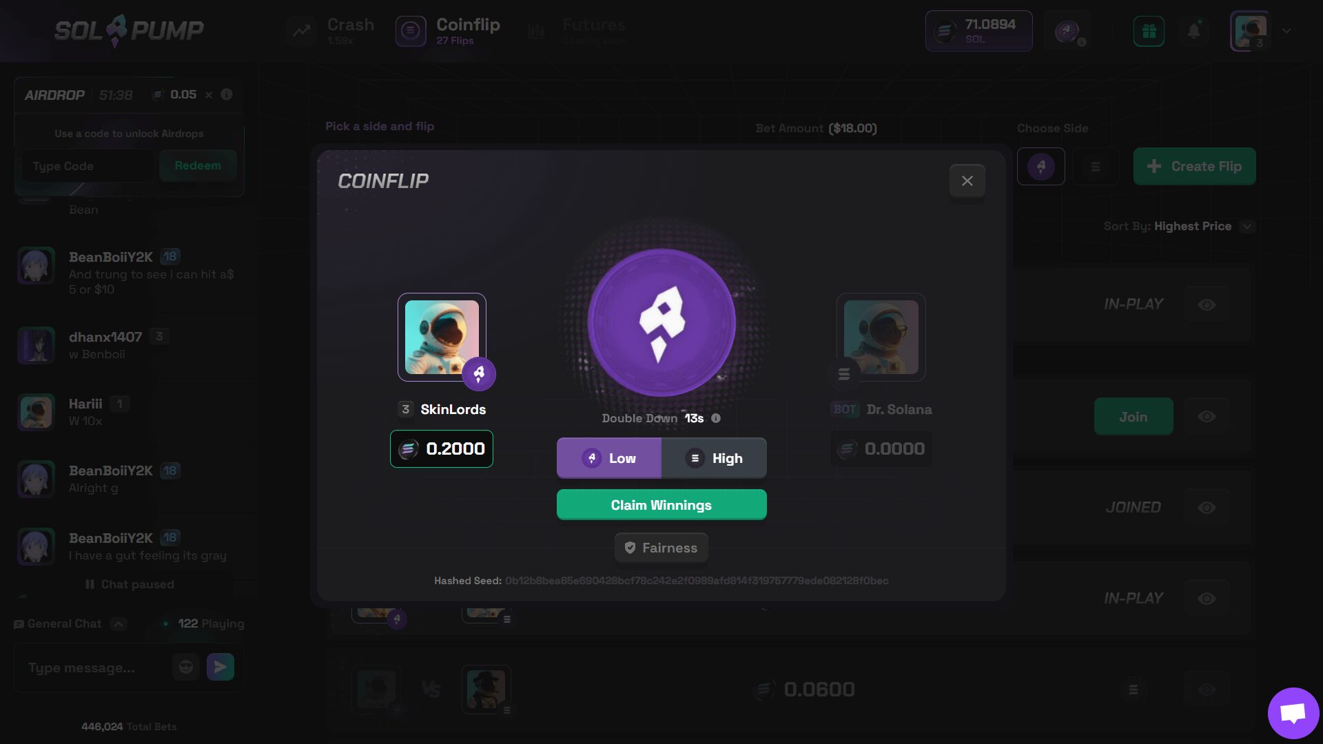 solpump coinflip win