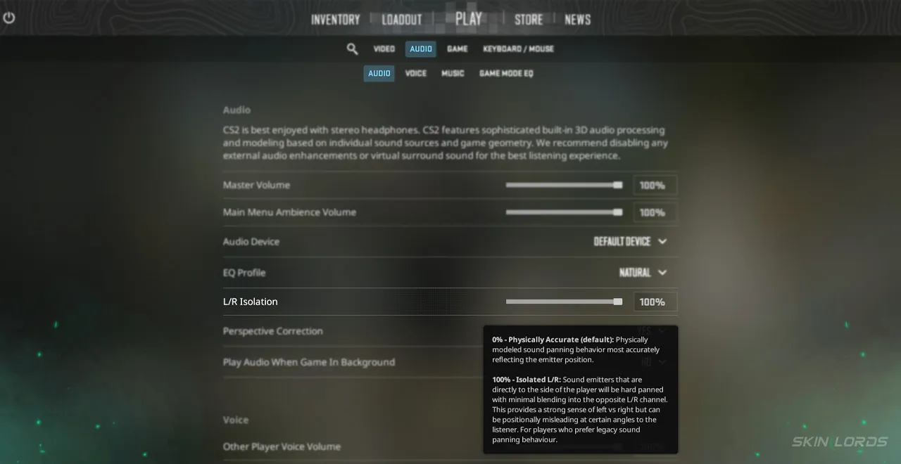 Where to find L/R Isolation in CS2 Settings