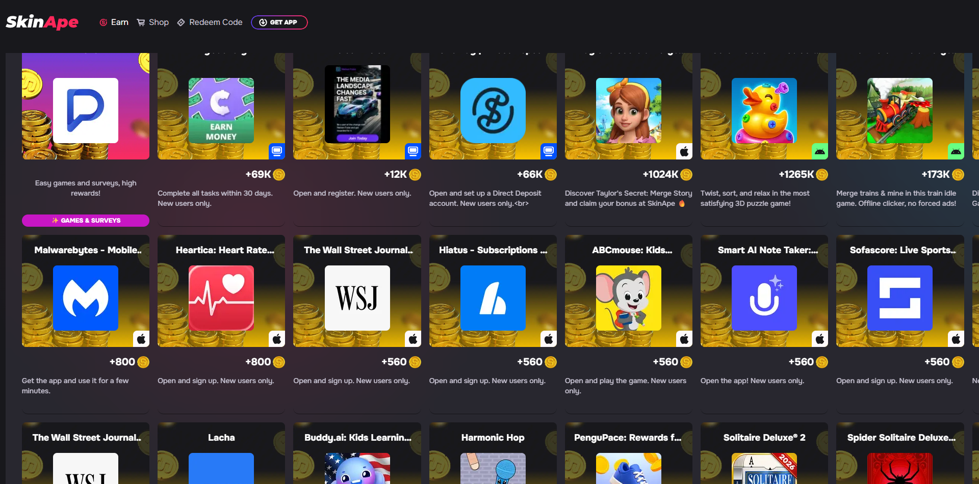 Skinape earn coins by completing tasks