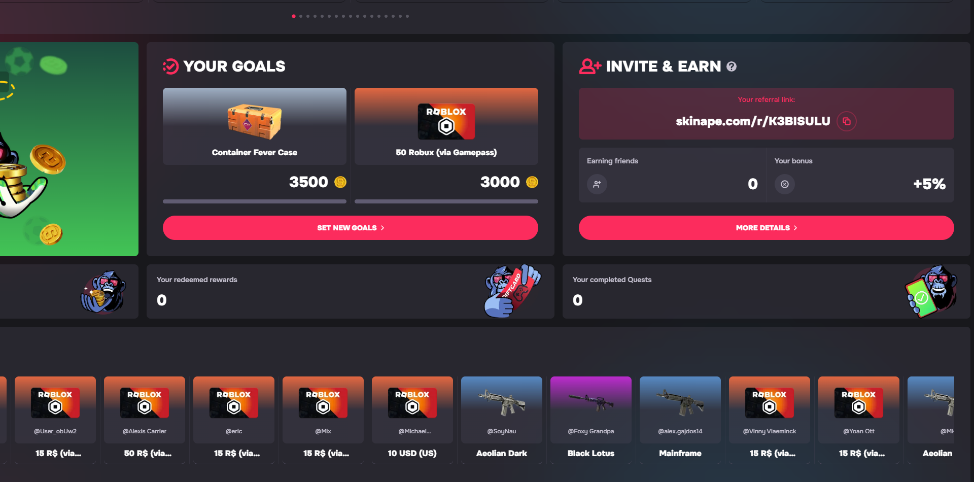 Skinape home page goals and referrals