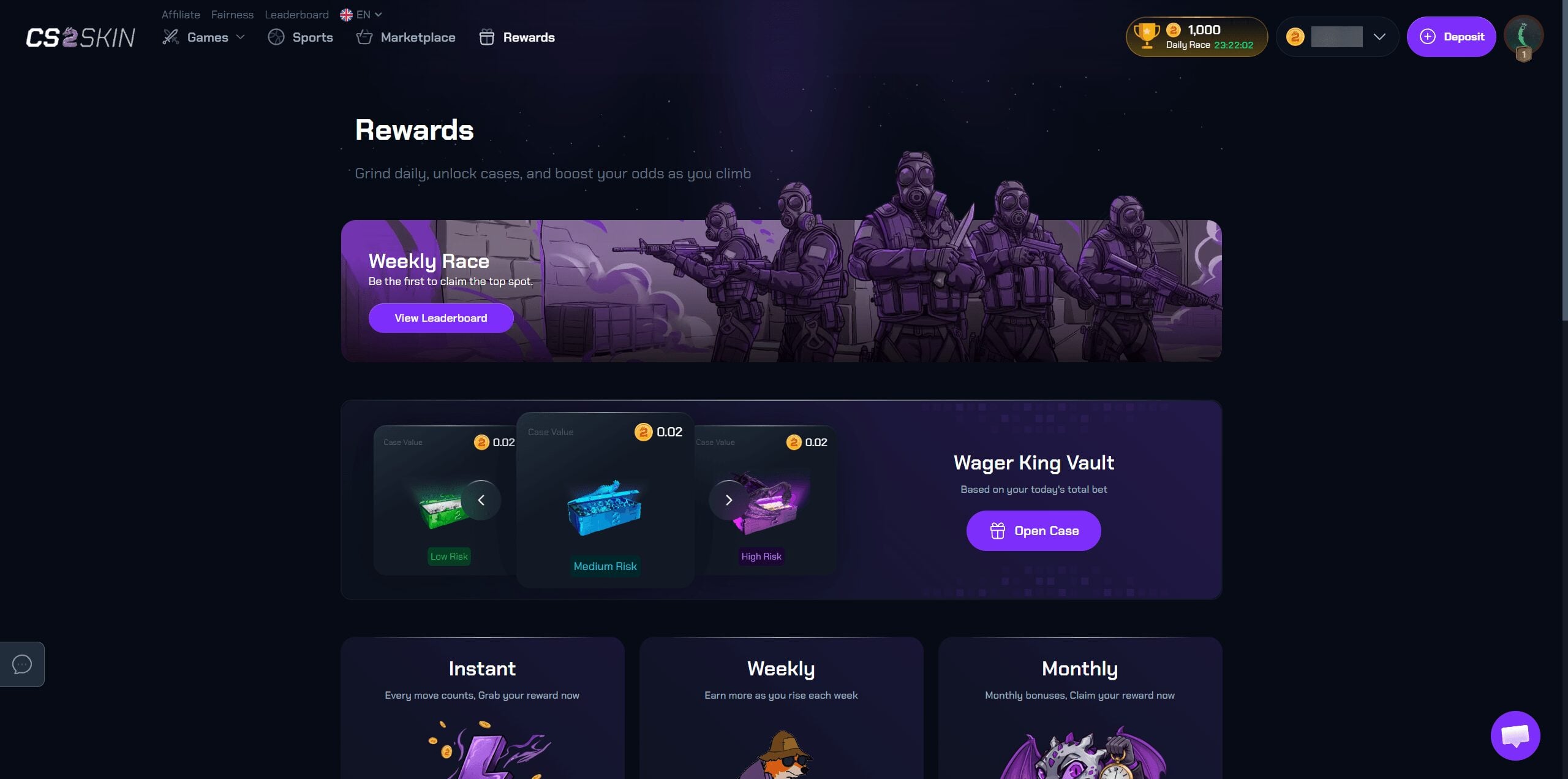 CS2skin rewards page